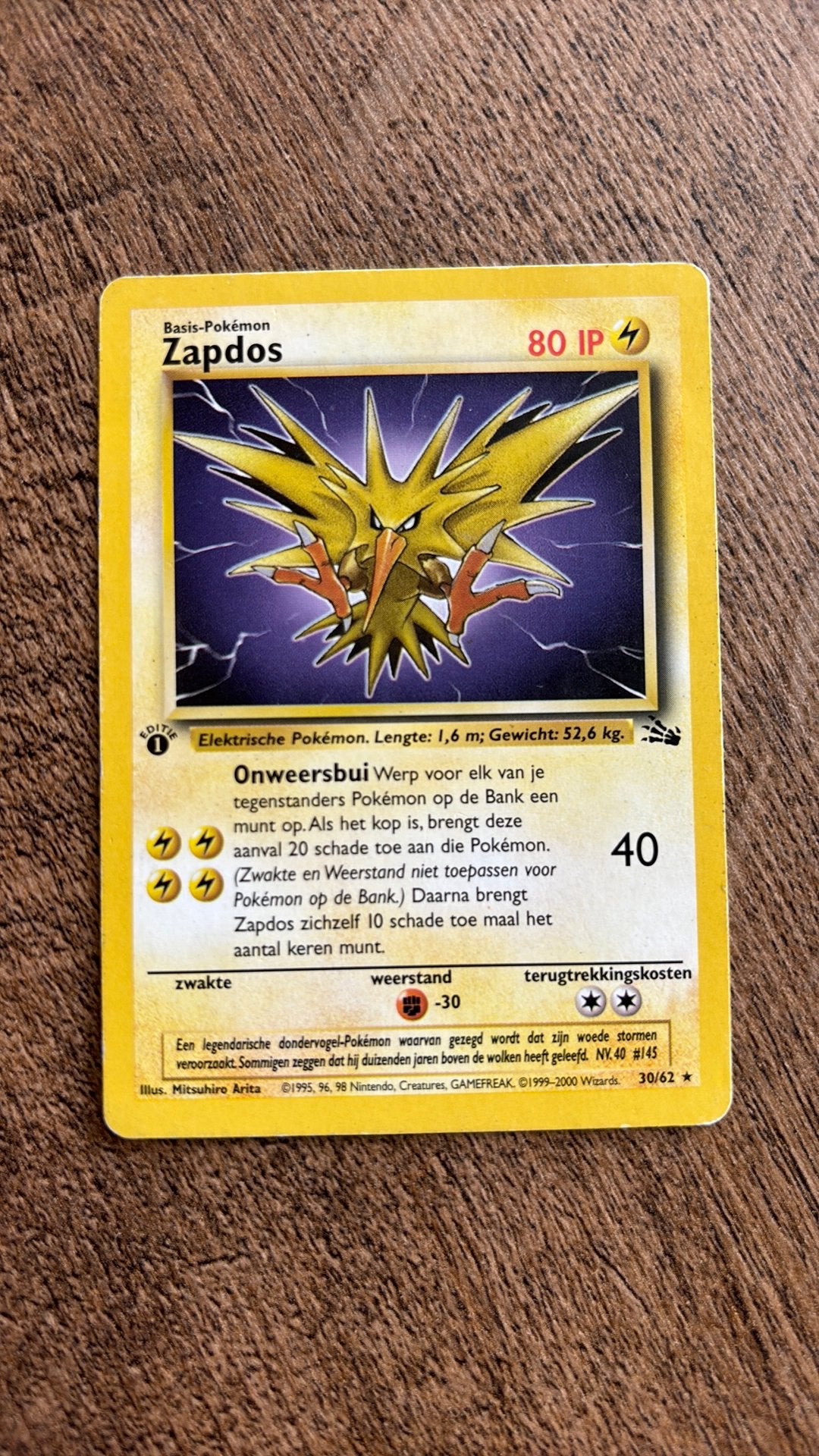 Pokemon kaarten - Zapdos 30/62 - First edition, Ophalen of Verzenden, Zo goed als nieuw