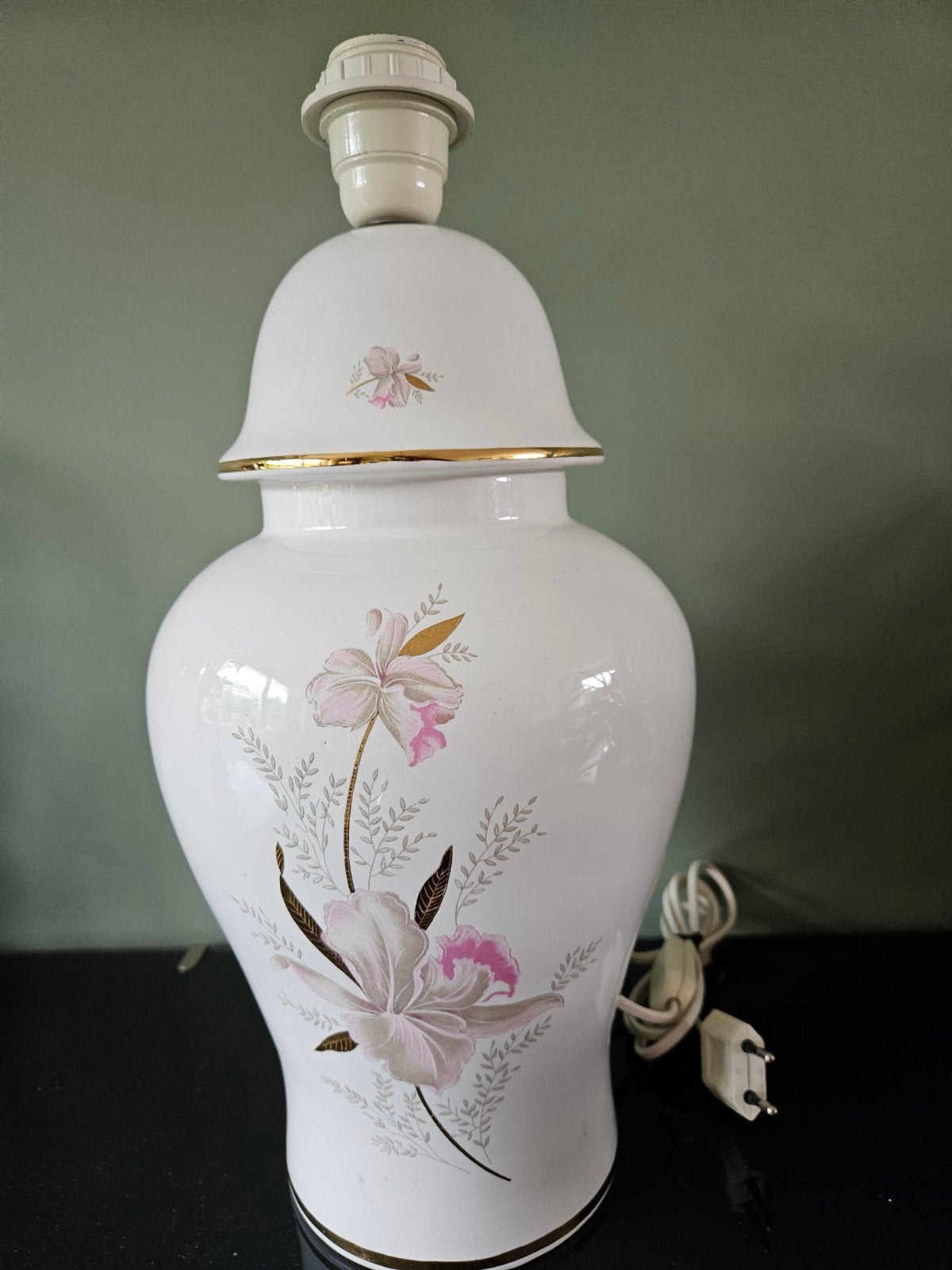 Vaaslamp / lampvoet / tafellamp keramiek wit, goud, bloemen, Gebruikt, Vintage, Keramiek, Wit