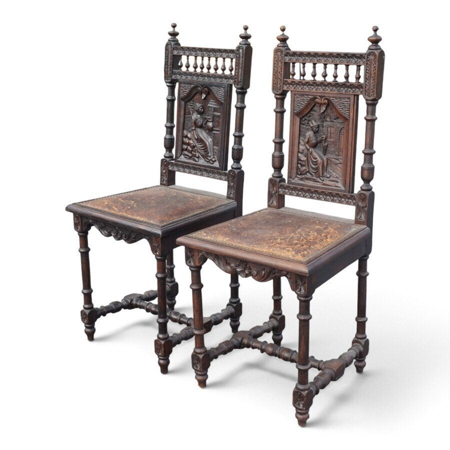 Bretonse stoelen met gesneden figuurpanelen, Ophalen of Verzenden, Hout, Houtsnijwerk, Overige onderwerpen