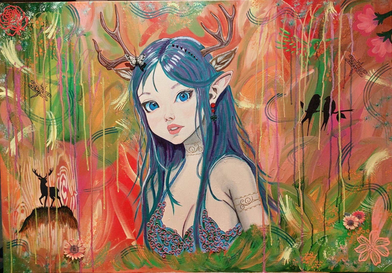 Schilderij Bosnimf - Acrylverf - Fantasy Kunst 100x70 cm, Ophalen, Figuren, Gesigneerd, Gemengde techniek
