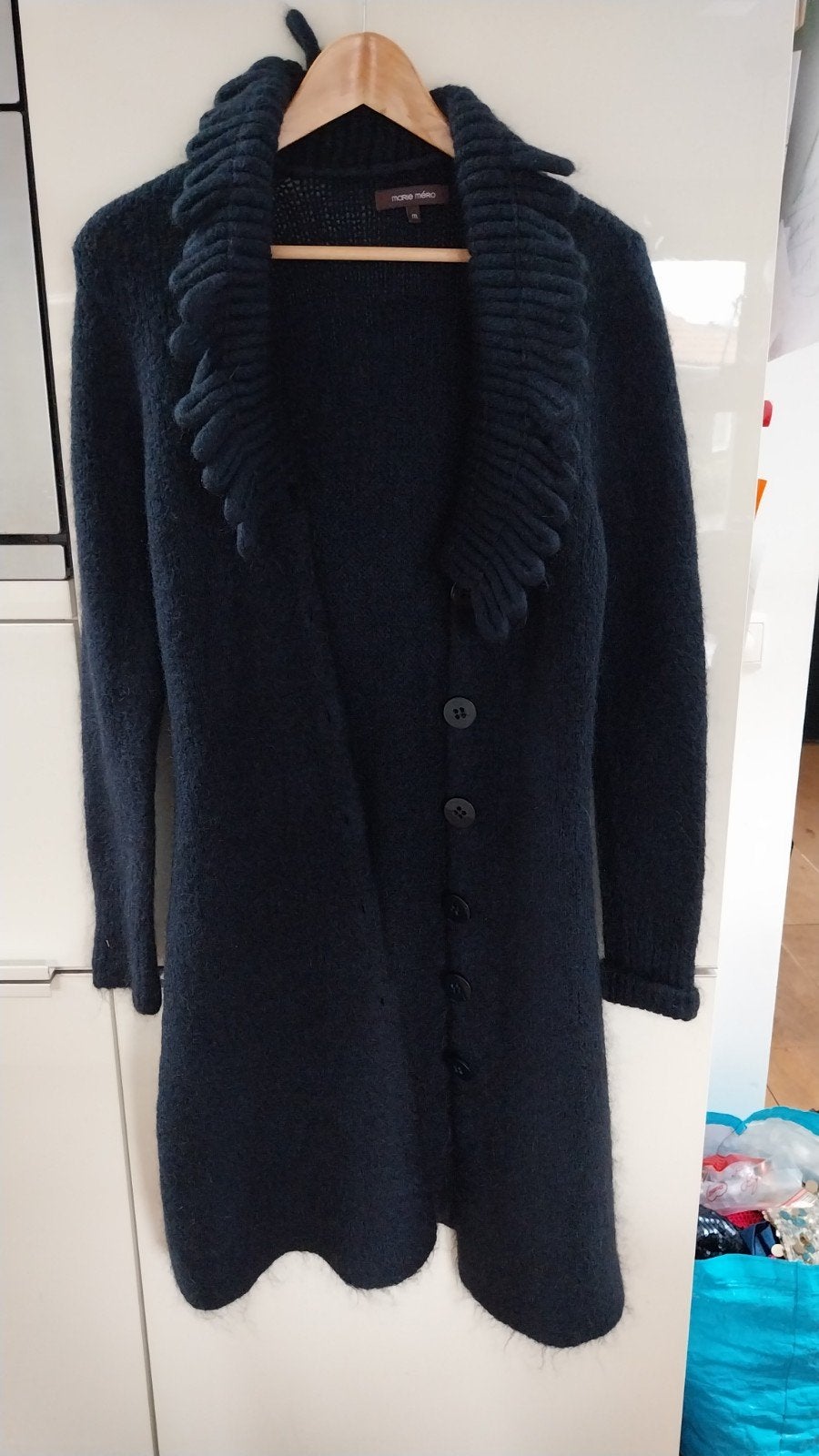 Marie Méro lang blauw wollen vest met aparte kraag. Maat M., Kleding | Dames, Ophalen of Verzenden, Zo goed als nieuw, Maat 38/40 (M)