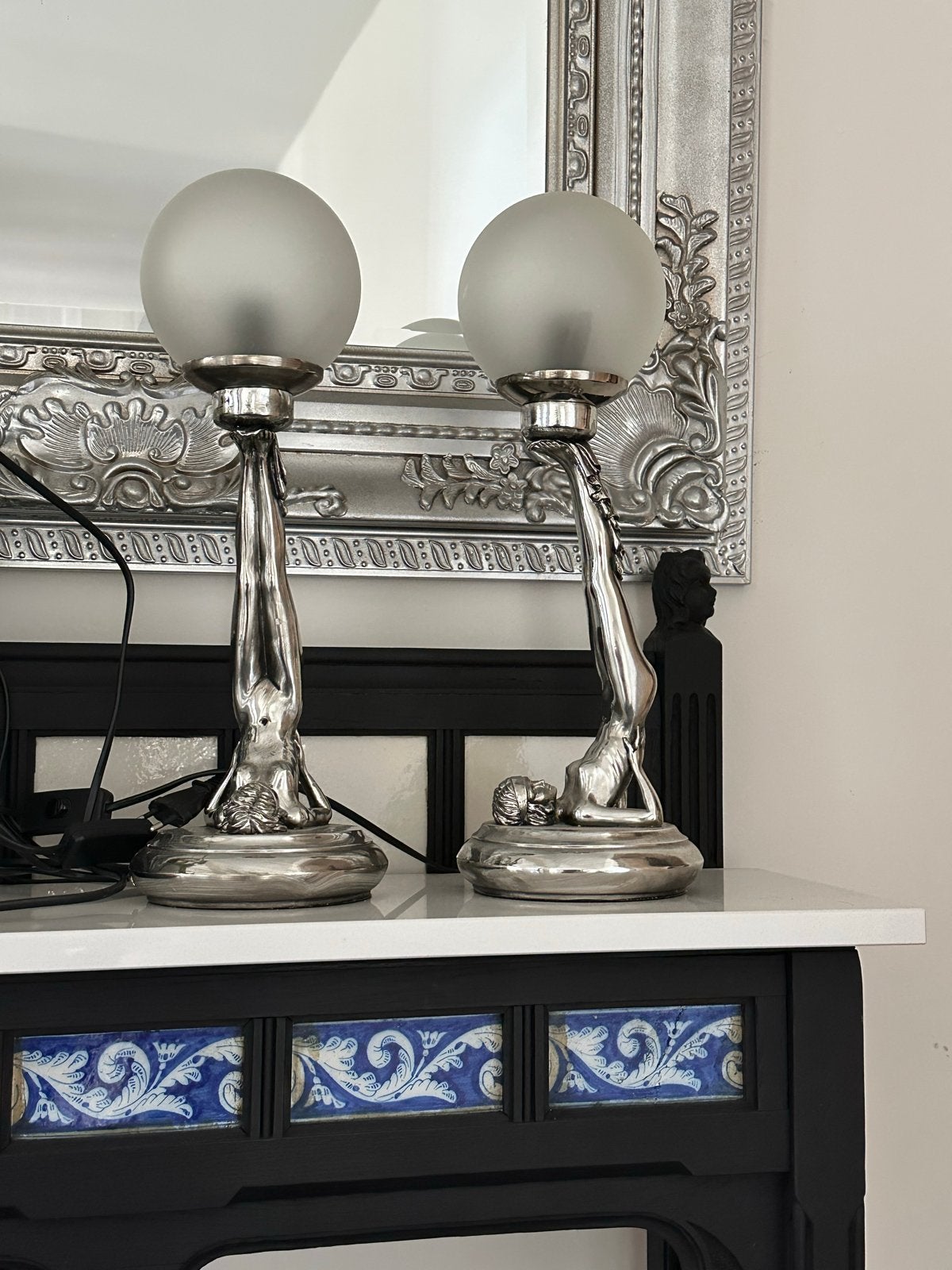 2 Art Deco tafellampen met glazen bol, Ophalen of Verzenden