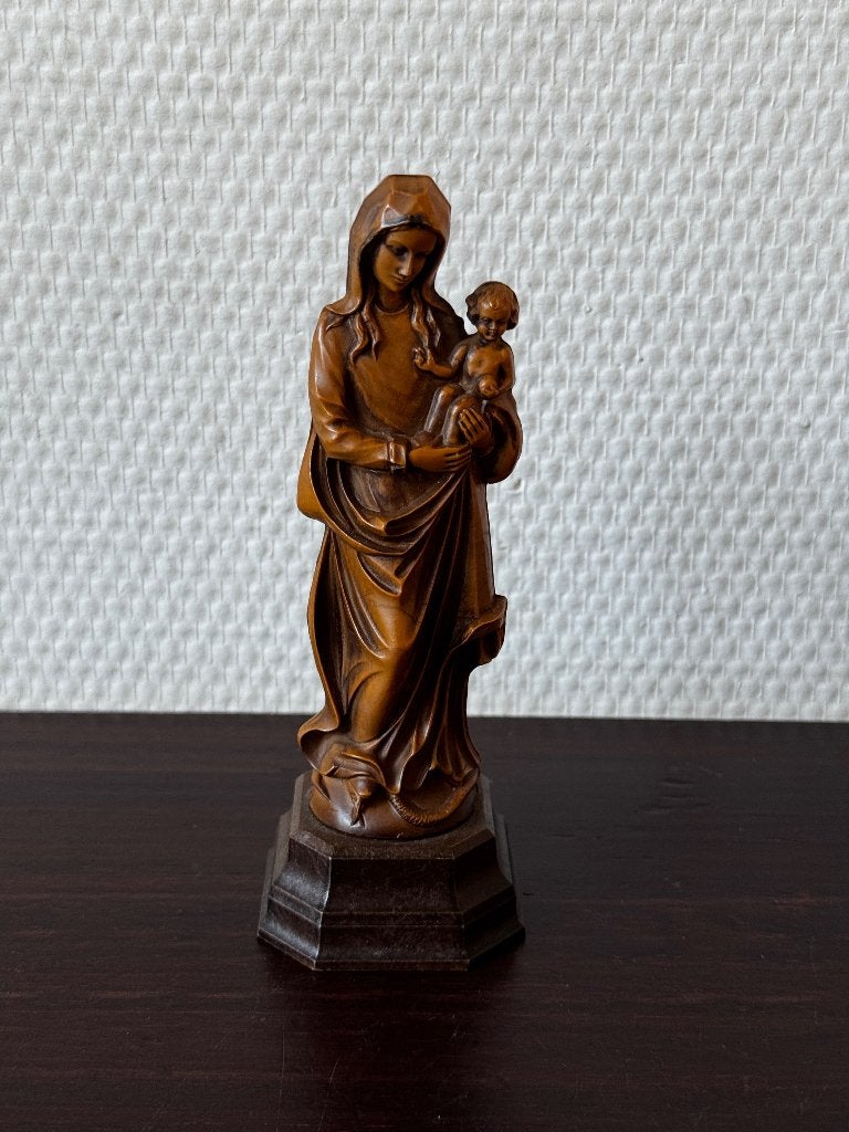 Vintage Kunststof Maria Beeldje met Jezus, Madonna Bruin, Ophalen of Verzenden