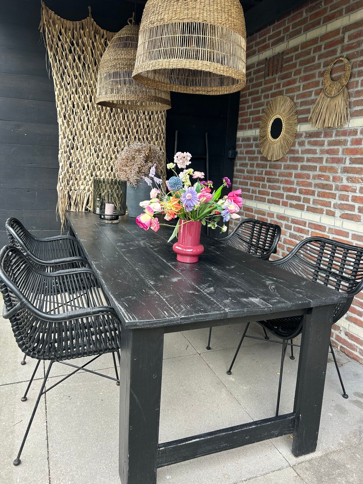 4 bamboe tuinstoelen met metalen onderstel, Ophalen, Gebruikt, Overige materialen