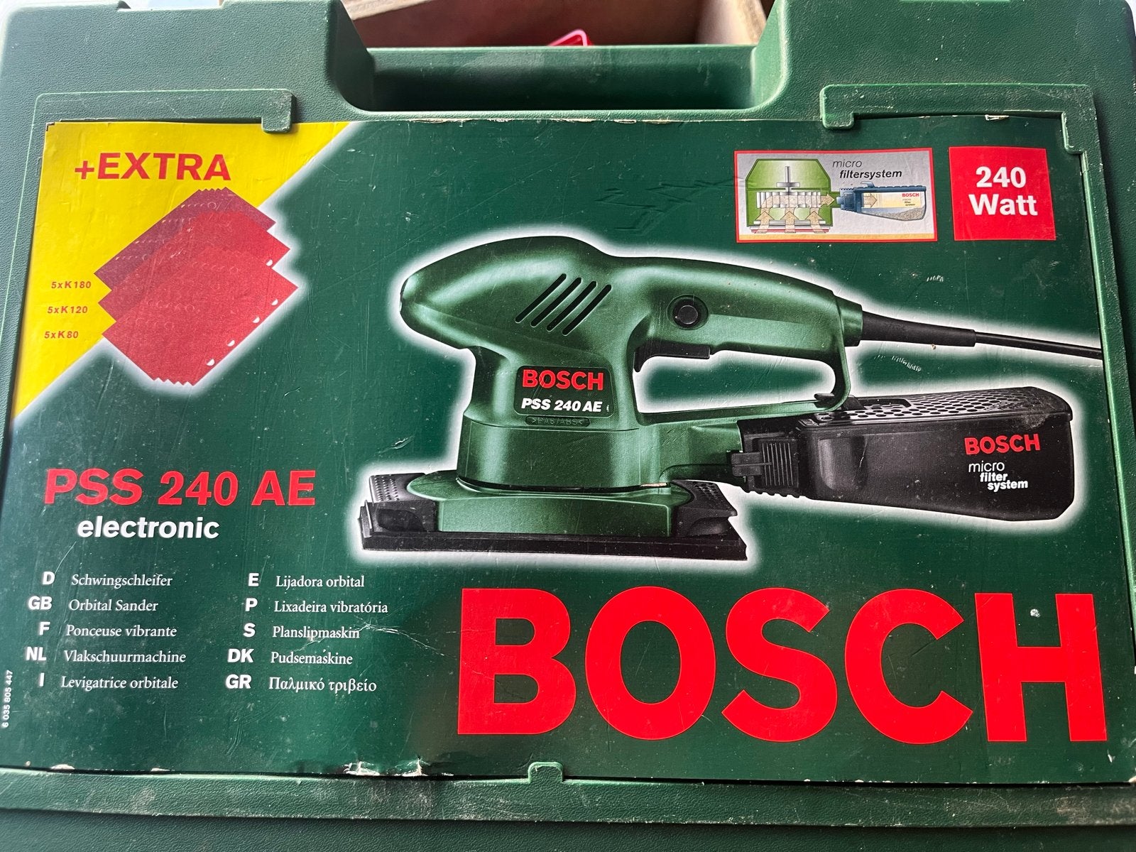 Bosch PSS 240 AE Vlakschuurmachine met Microfilter System, Ophalen of Verzenden, Gebruikt, Minder dan 600 watt, Vlakschuurmachine