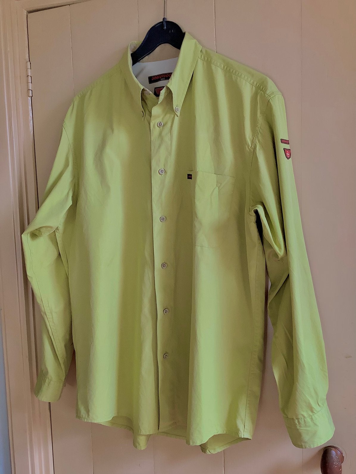 Mooie groen-geel shirt, katoen. Z.g.a.n. DONKERVOORT, Large., Kleding | Heren, Overhemden, Ophalen of Verzenden, Zo goed als nieuw