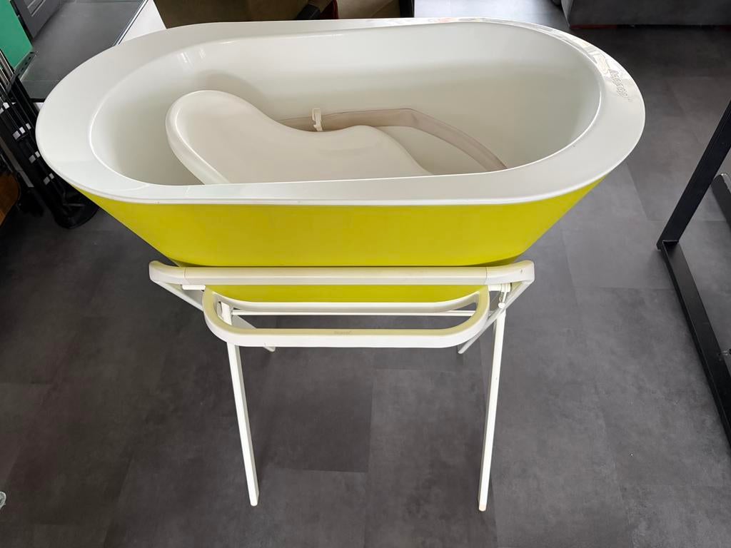 Babybadje met standaard hoppop inclusief badzitje, Gebruikt, Badje, Standaard, Ophalen