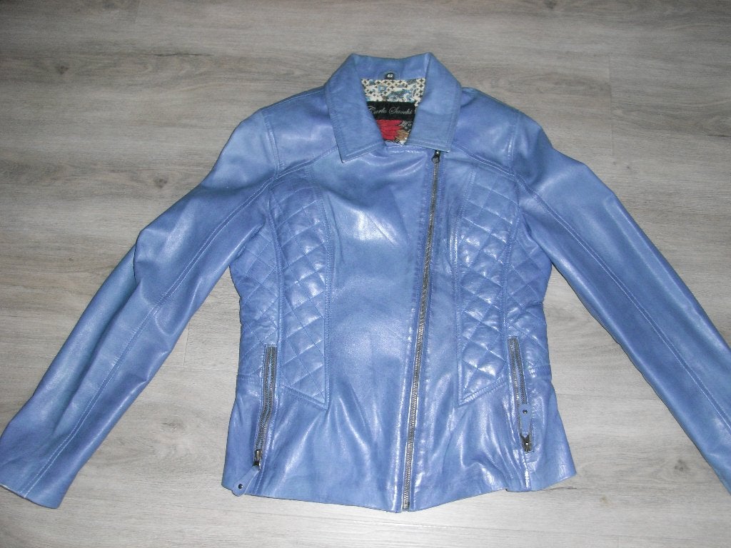 blauw leren jack/jas CARLO SACCHI mt 42 valt 36/38 ALS NIEUW, Maat 38/40 (M), Blauw, Ophalen of Verzenden, Zo goed als nieuw