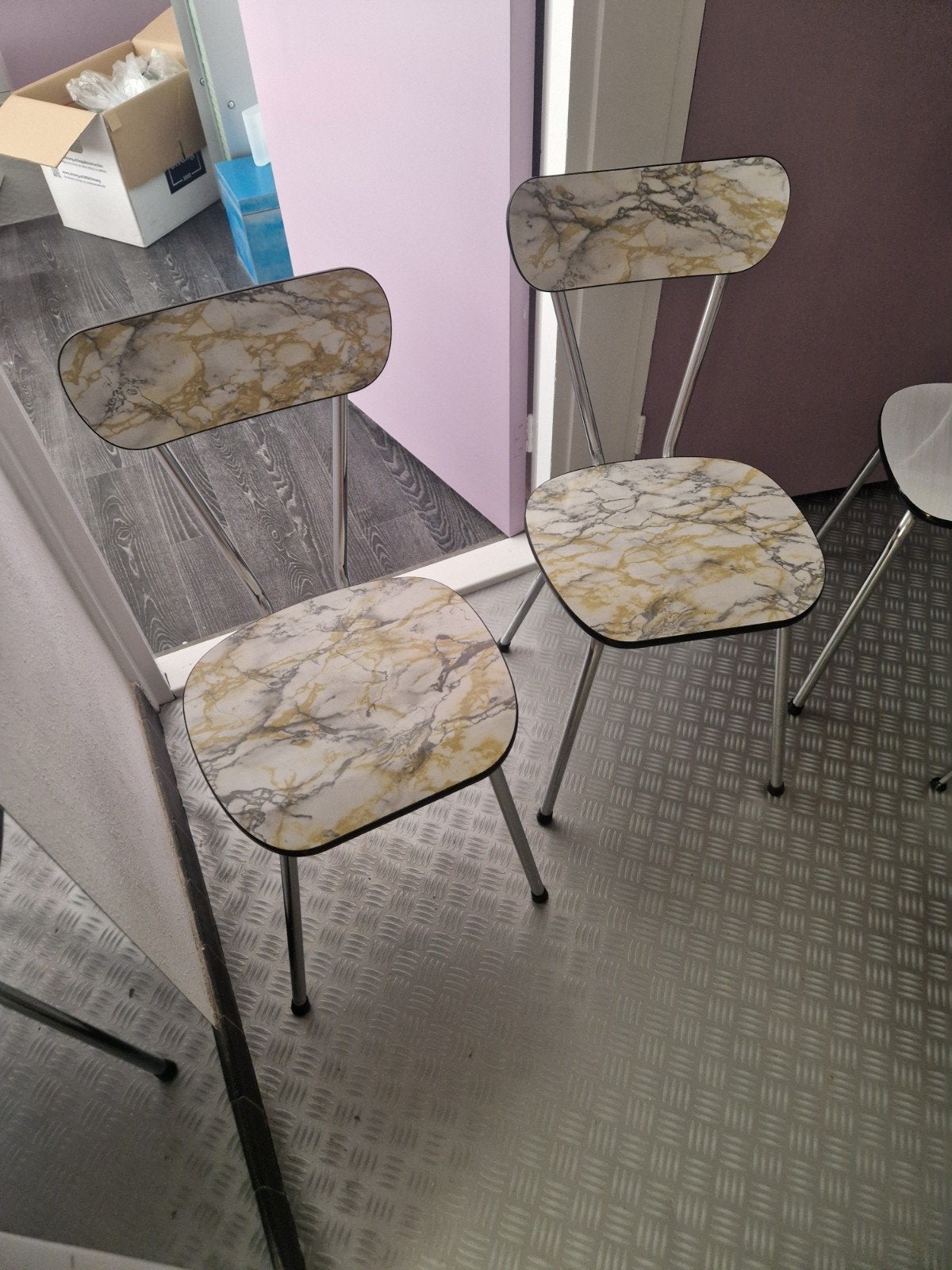 4 formica stoeltjes 2 x marmer 2x grijs wit, Ophalen, Grijs, Twee