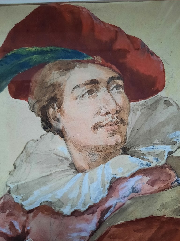 heel oude aquarel van man in moderne lijst, Antiek en Kunst, Ophalen of Verzenden
