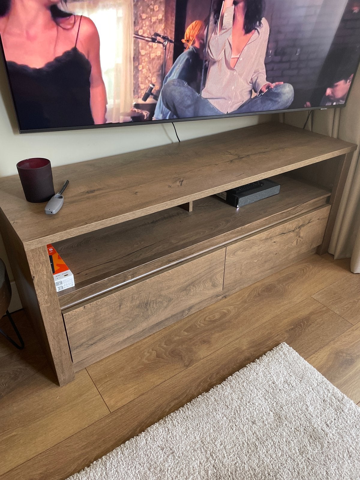 Houten TV meubel met lades en open vakken, Ophalen, 100 tot 150 cm, Zo goed als nieuw, Minder dan 100 cm