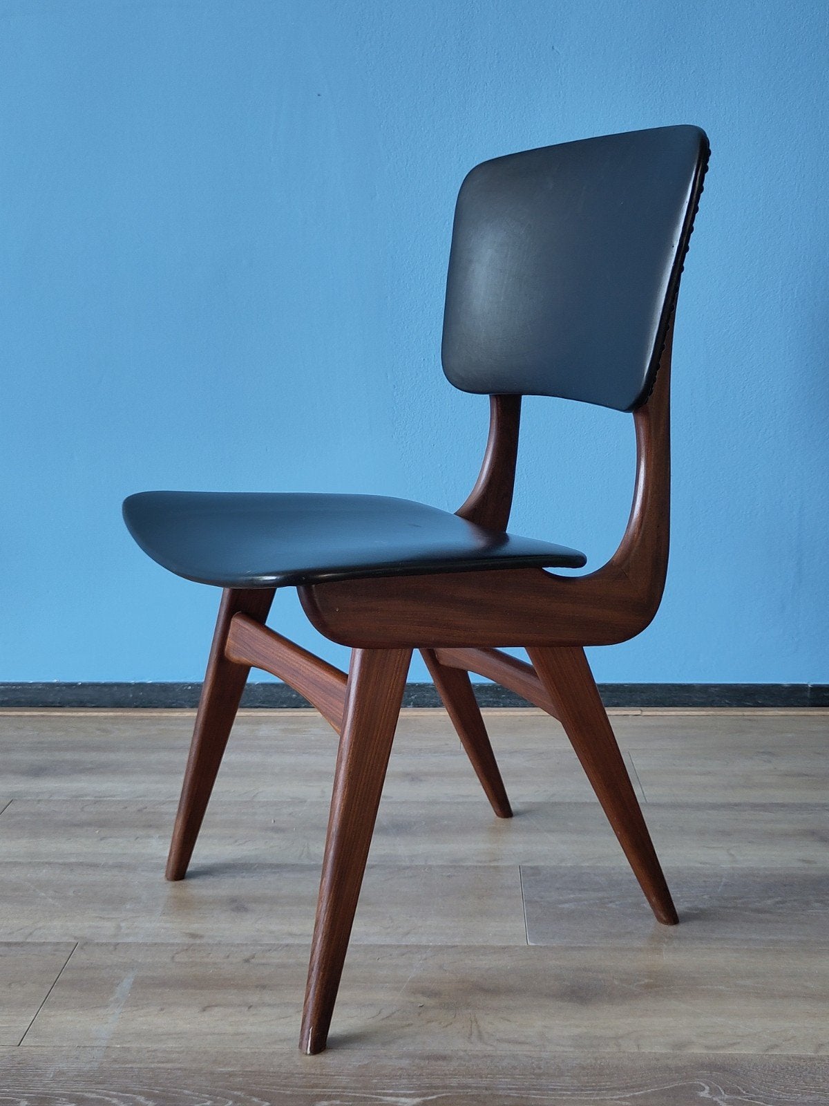 Vintage teak houten stoel Louis van Teeffelen eetkamertoel, Leer, Gebruikt, Mid century modern dutch design, .