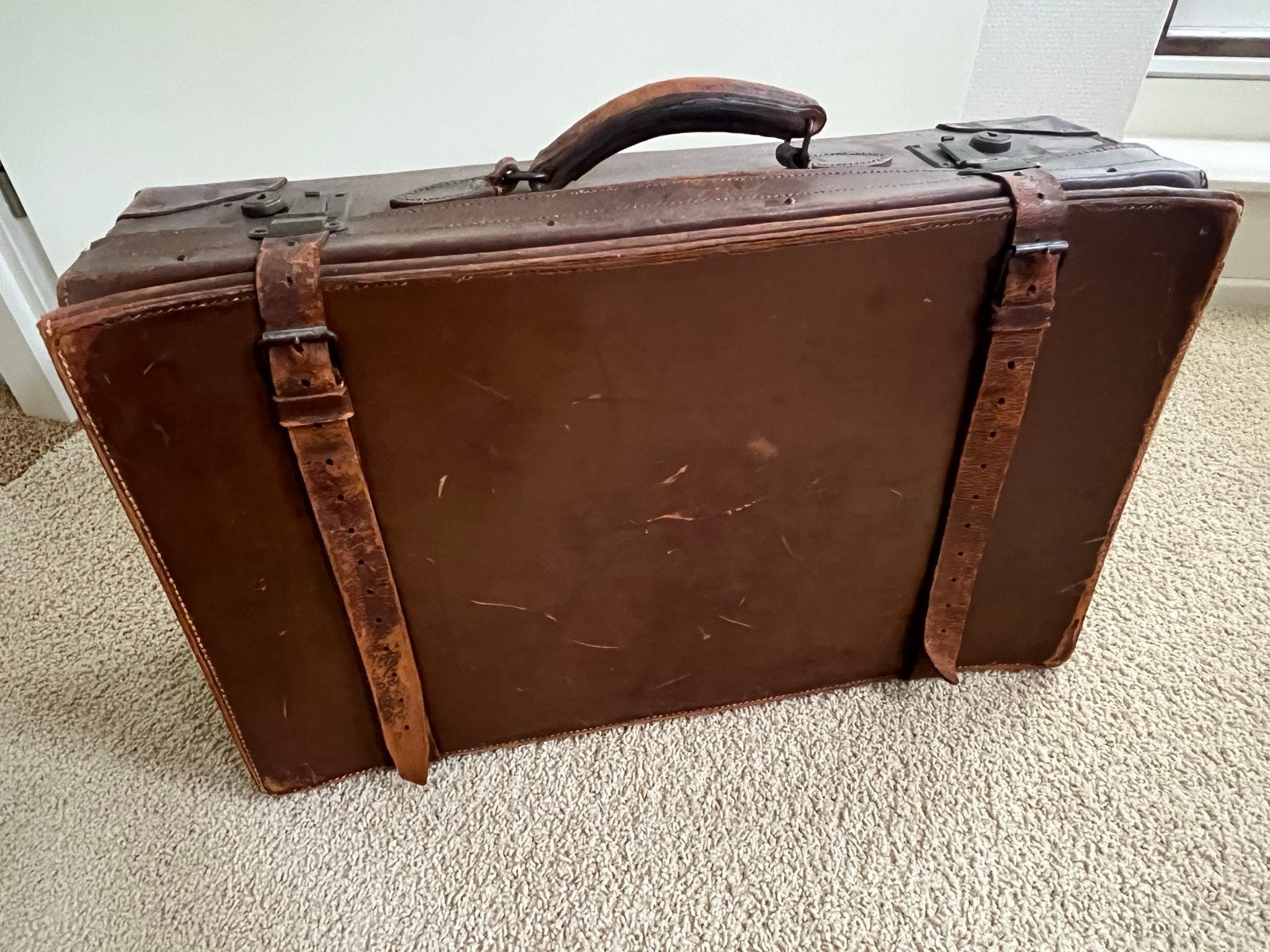 Antieke Leren Koffer - Vintage Reiskoffer, Ophalen of Verzenden