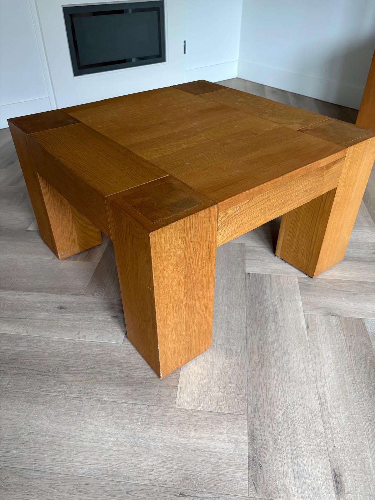 Massief eiken salontafel 70x70 cm, robuuste blokpoten, Ophalen, Gebruikt, 50 tot 100 cm, 50 tot 100 cm