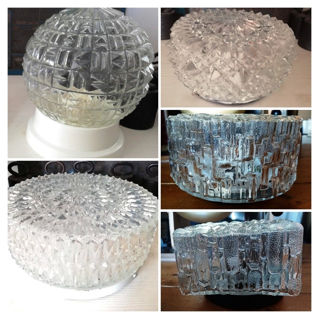 Vintage retro plafondlamp bol glas helder bewerkt diversen, Ophalen of Verzenden