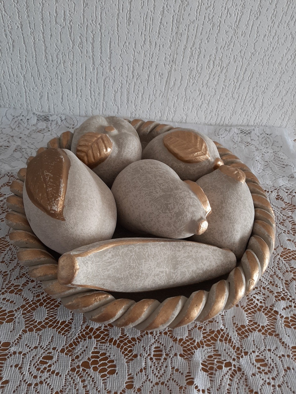 Stenen schaal met 6 stuks decoratieve fruit - 38 cm., Ophalen, Gebruikt