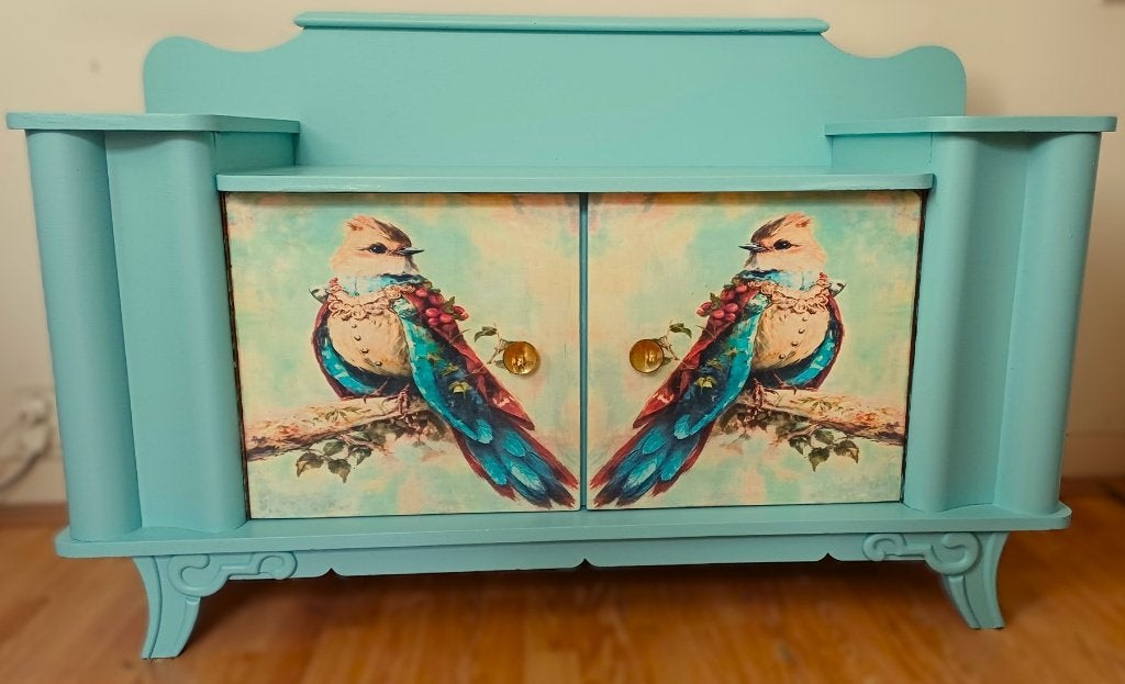 Mooi gevormd blauw dressoir, kast, vogels, TV kast, plank, 150 tot 200 cm, Ophalen of Verzenden, Zo goed als nieuw, 25 tot 50 cm