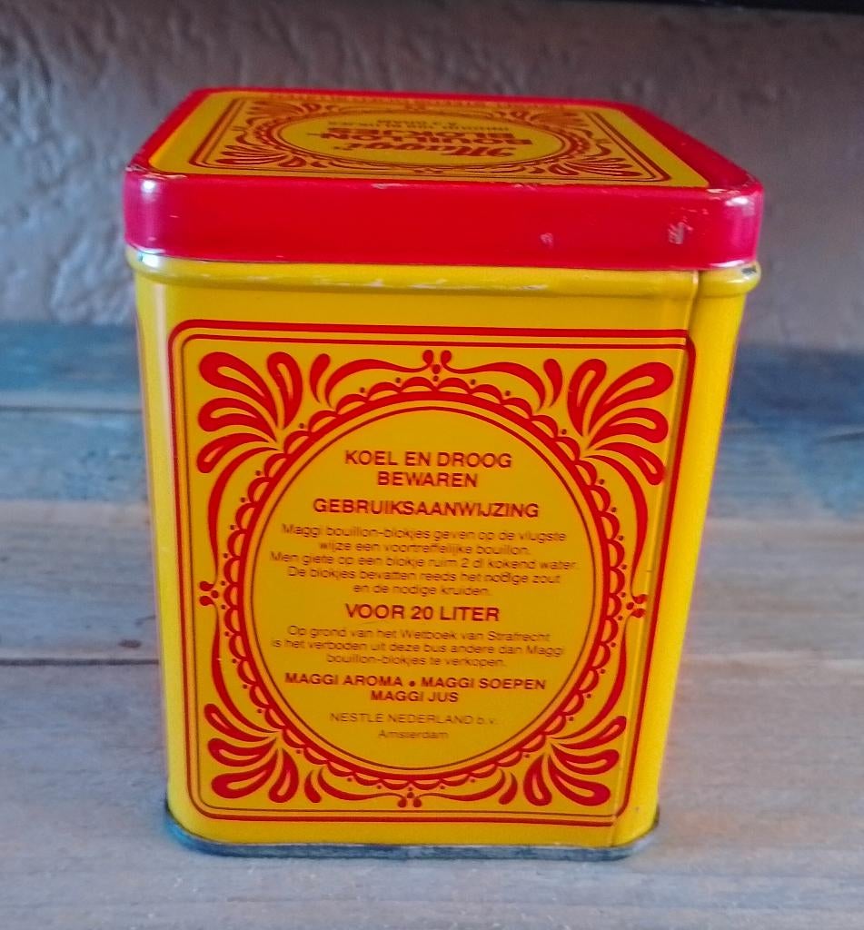 Blik Geel Maggi 1950, Verzamelen, Blikken, Ophalen of Verzenden, Gebruikt, Overige