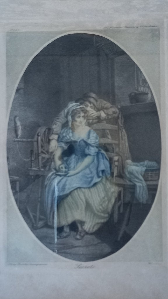 Secrets mooie antieke ingelijste gravure uit Frankrijk 23 cm, Met tekst, Dagelijks leven, 1800 - 1899, Ophalen of Verzenden