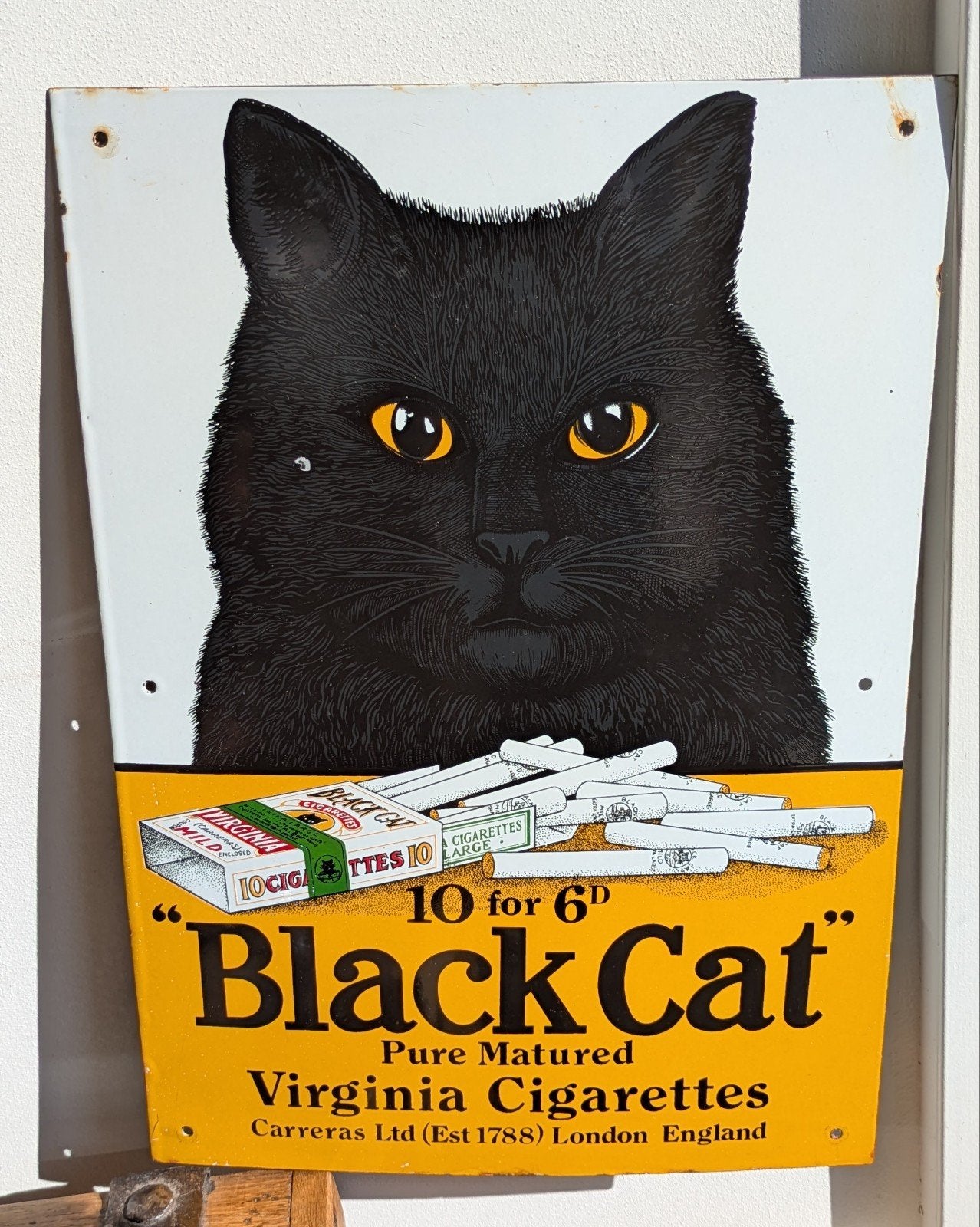 Emaille bord 'Black Cat Virginia Cigarettes' jar. '80 repr, Antiek en Kunst, Ophalen of Verzenden