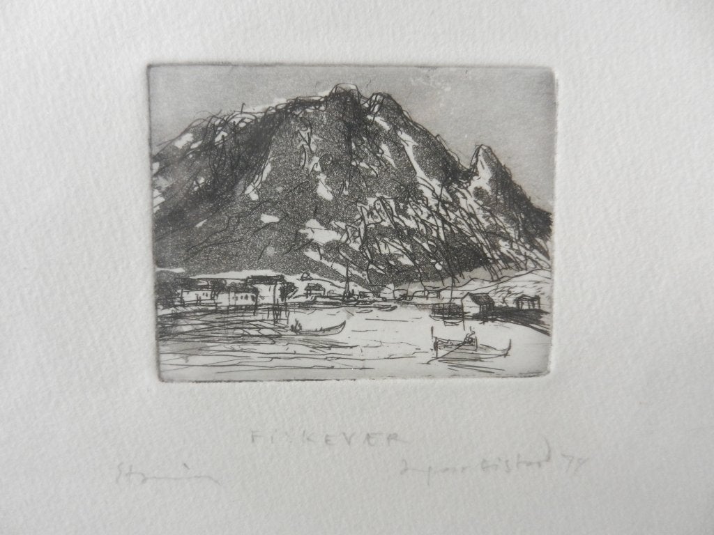 Kleine ets titel Fiskever Noors baaigezicht Ingmar Eistand?, 5 cm, Ophalen of Verzenden, 6 cm, Met tekst