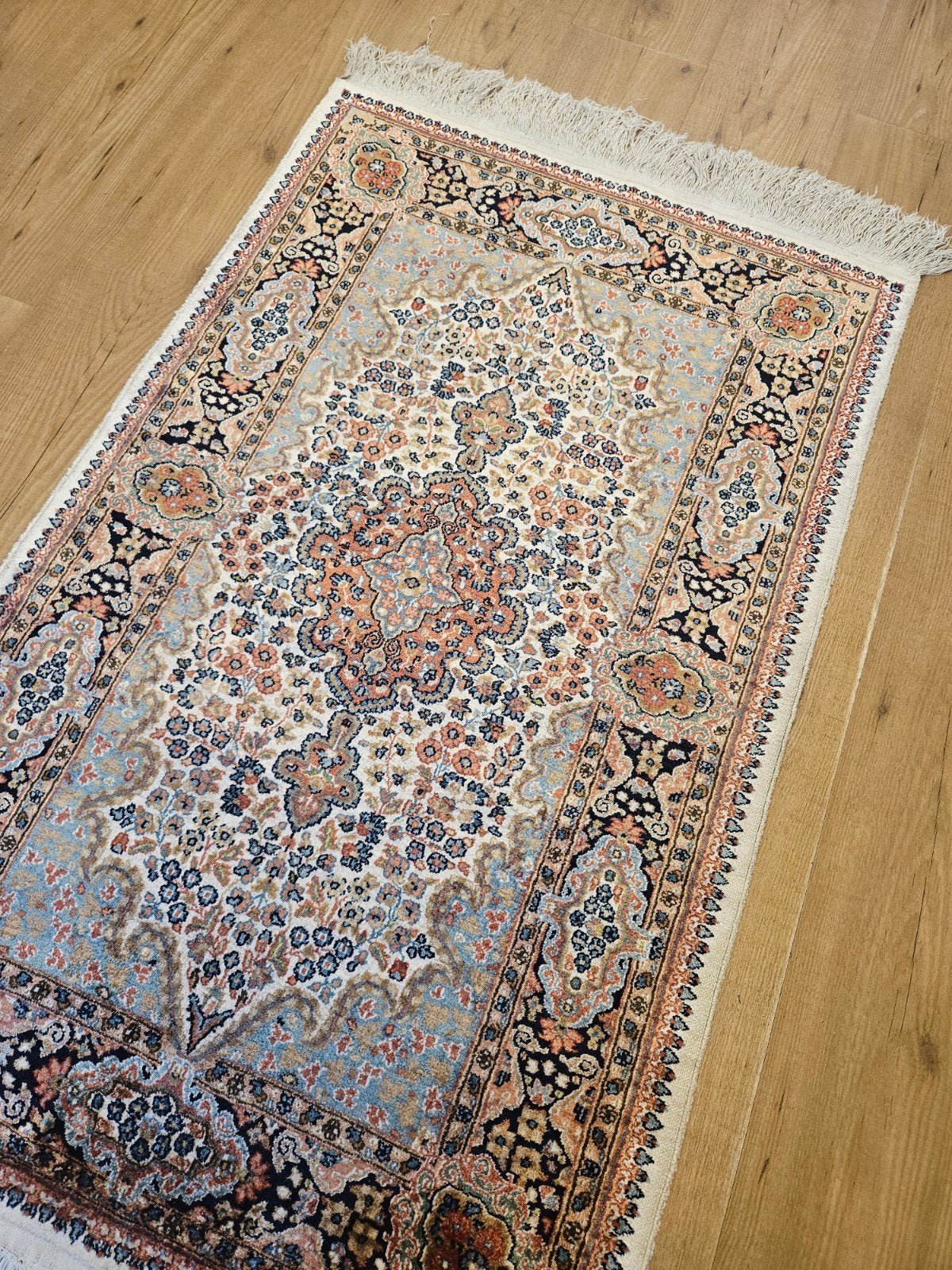 vintage handgeknoopt oosters tapijt kashmir zijde 123x77, Tweedehands, 100 tot 150 cm, Perzisch, Rechthoekig
