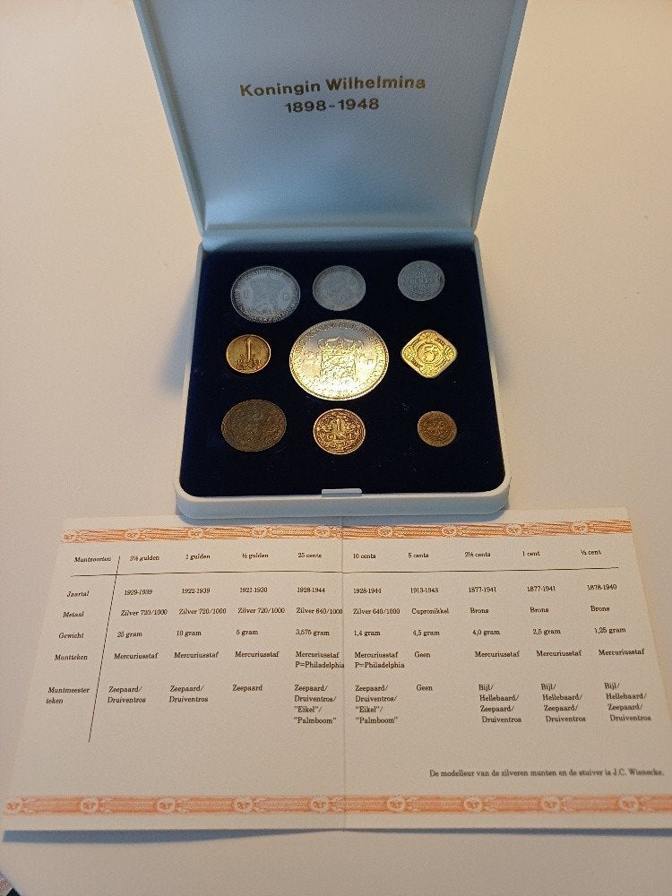 munten in cassette NMB Wilhelmina, Postzegels en Munten, Ophalen, Setje, Zilver, 25 cent