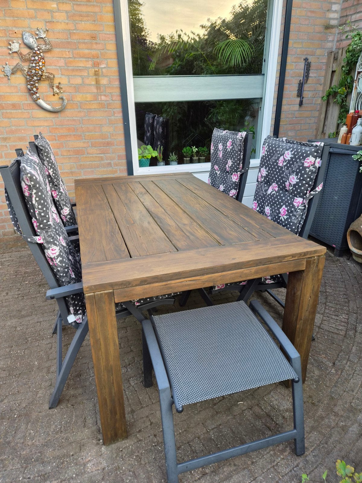 tuintafel met stoelen, Tuin en Terras, Ophalen, 4 zitplaatsen, Gebruikt, Teakhout