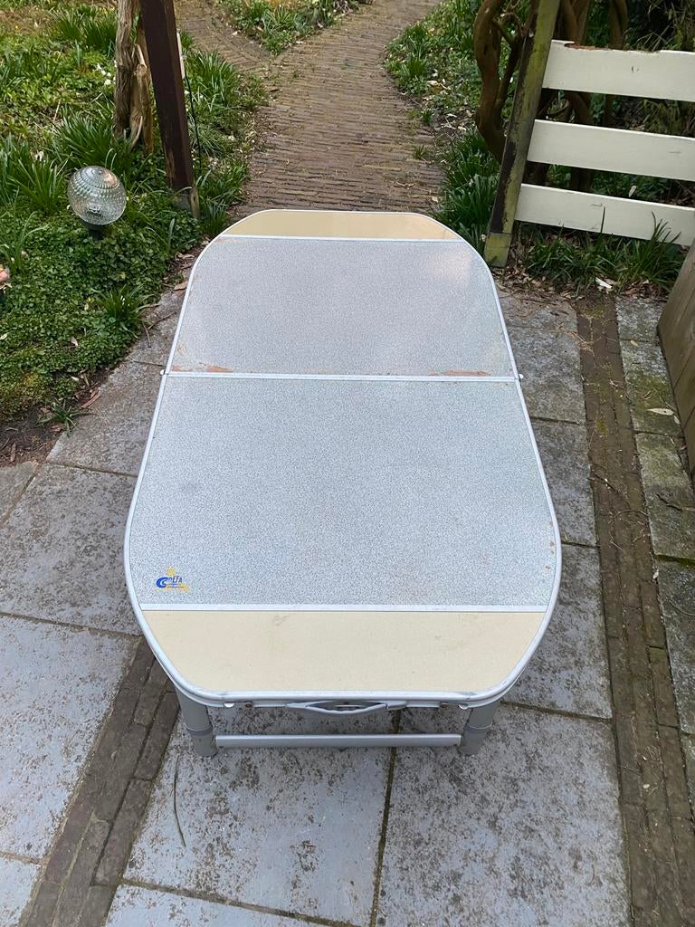 Inklapbare campingtafel, verstelbare poten, Caravans en Kamperen, Kampeeraccessoires, Gebruikt, Ophalen