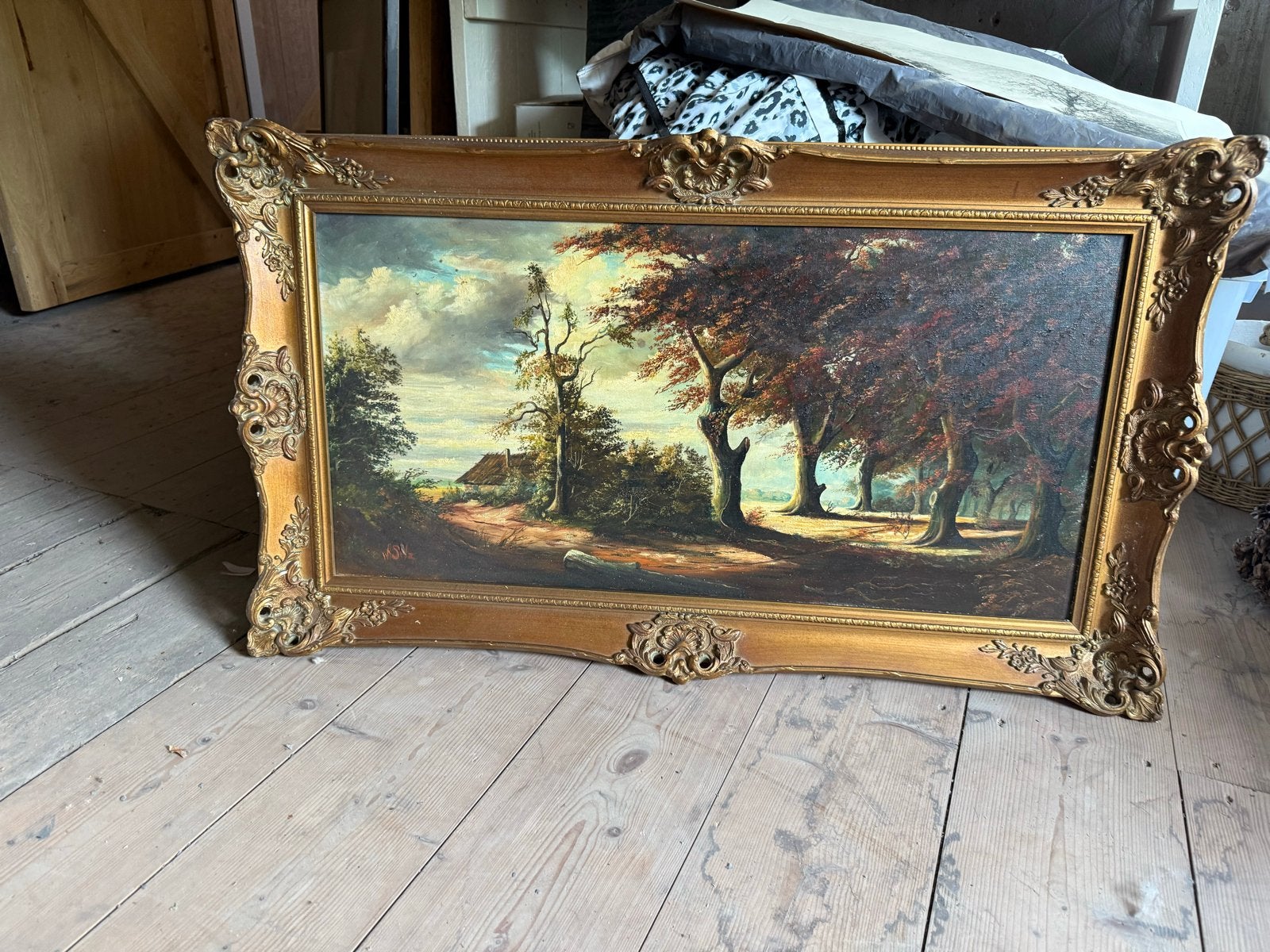 Klassiek Landschap Schilderij met Gouden Lijst, Antiek en Kunst, Ophalen, Doek, Gesigneerd, Landschap