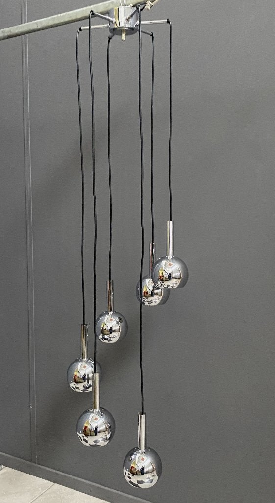 60 jaren mooie 6 chroome bollen hang lamp 142 cm lang, Ophalen of Verzenden, Gebruikt, Glas, Vintage