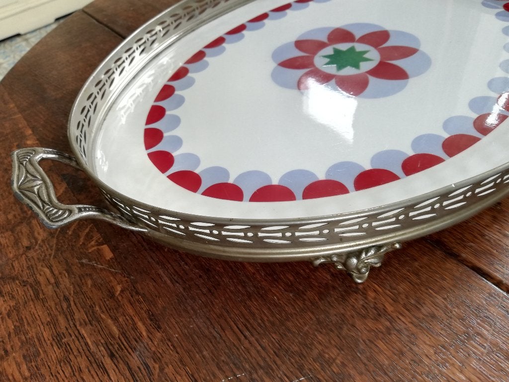 Groot art deco dienblad rood/blauwgrijs decor met handvatten, Met handvatten, Ophalen of Verzenden, Zo goed als nieuw, Dienblad