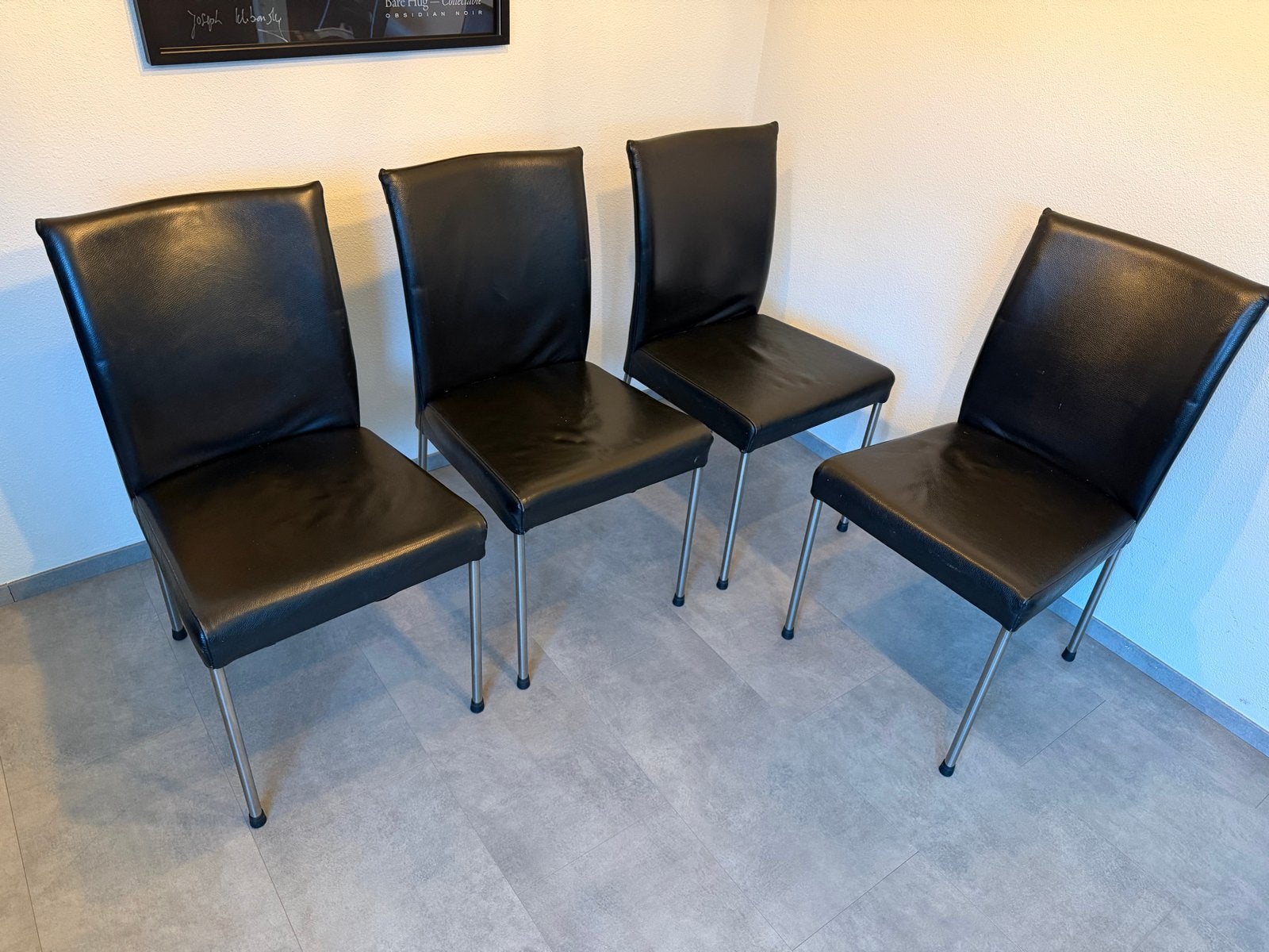 Set van 4 luxe zwarte leren stoelen, goede staat, Ophalen, Gebruikt, Zwart, Leer