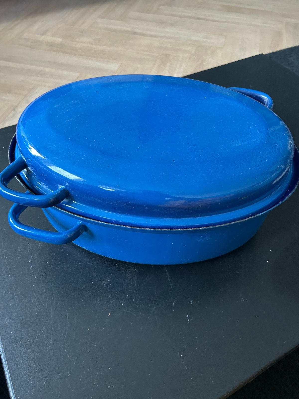 Blauwe geëmailleerde braadpan met deksel, Gebruikt, Braadpan, Met deksel, Ophalen of Verzenden