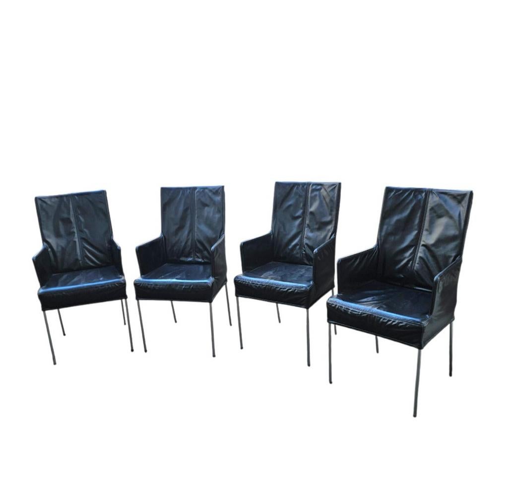 4 x Comfortable black leather Astor dining chairs by HVS, Huis en Inrichting, Stoelen, Ophalen, Zwart, Leer, Vier