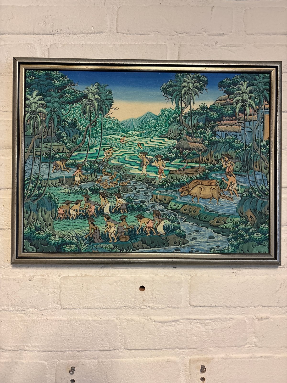 Balinees schilderij - Rijstvelden en dorpsleven, Overige stijlen, Doek, Ophalen of Verzenden, Olieverf