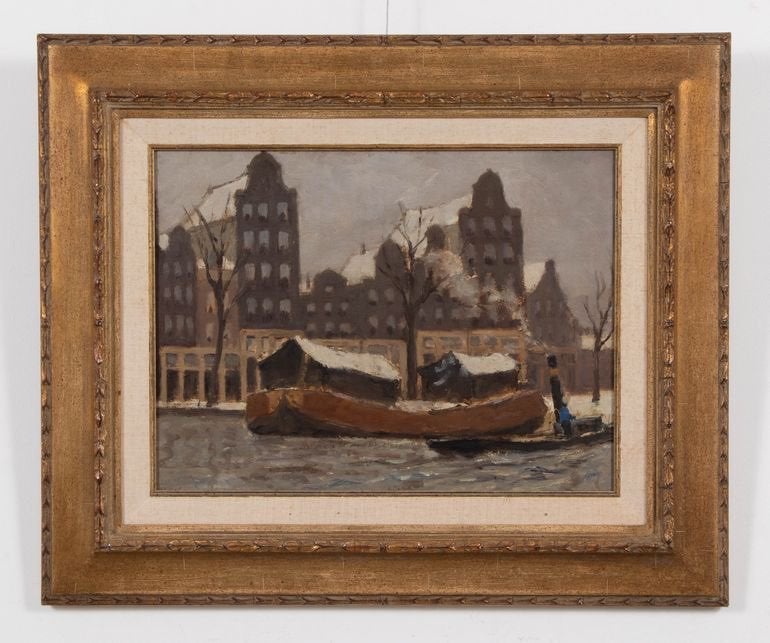 Marie Henri MacKenzie, Winters gezicht Prinsengracht, Realistisch, Ophalen of Verzenden, Stads- / dorpsgezicht, Paneel