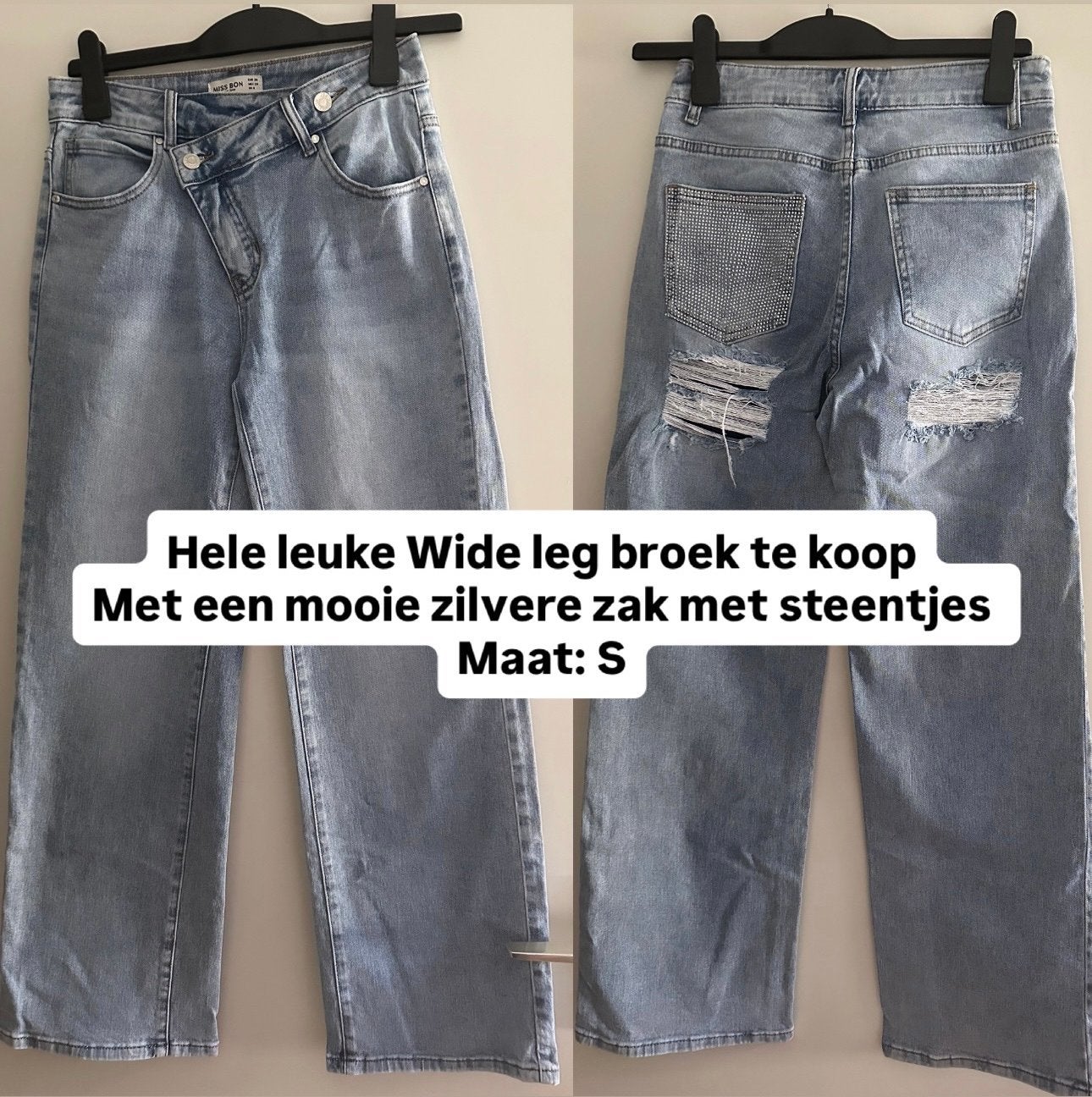 Leuke Wide leg broek met zilveren zak en steentjes, Maat 36 (S), Lang, Gedragen, Verzenden