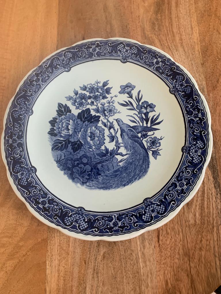 Brocant Delfts Blauw Wandbord met Pauw en Bloemen, Ophalen of Verzenden