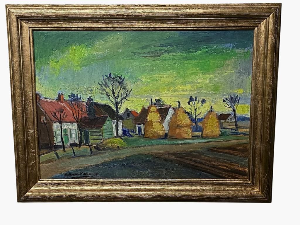 Schilderij Alphonse Mora 1962 - Landschap met Hooibergen, Ophalen of Verzenden
