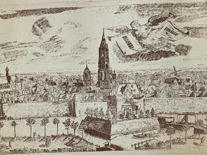 Oude prent panorama Delft  1927 Reinier Boitet, Verzamelen, Posters, Gebruikt, Overige onderwerpen, Deurposter of groter, Rechthoekig Liggend