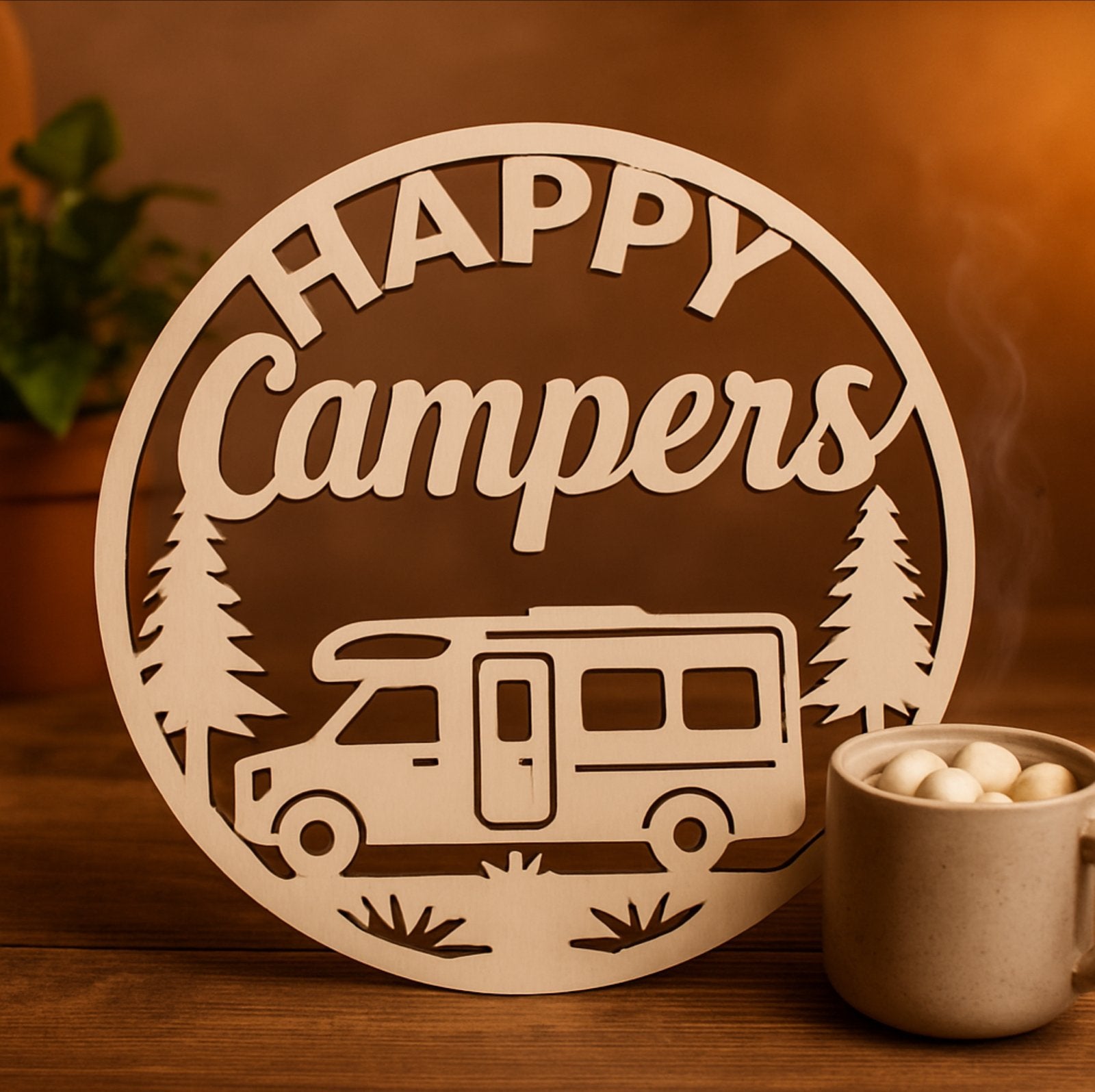 Houten sierbord 'Happy Campers', ø 27 cm, Hout, Beige, Overige stijlen, Nieuw