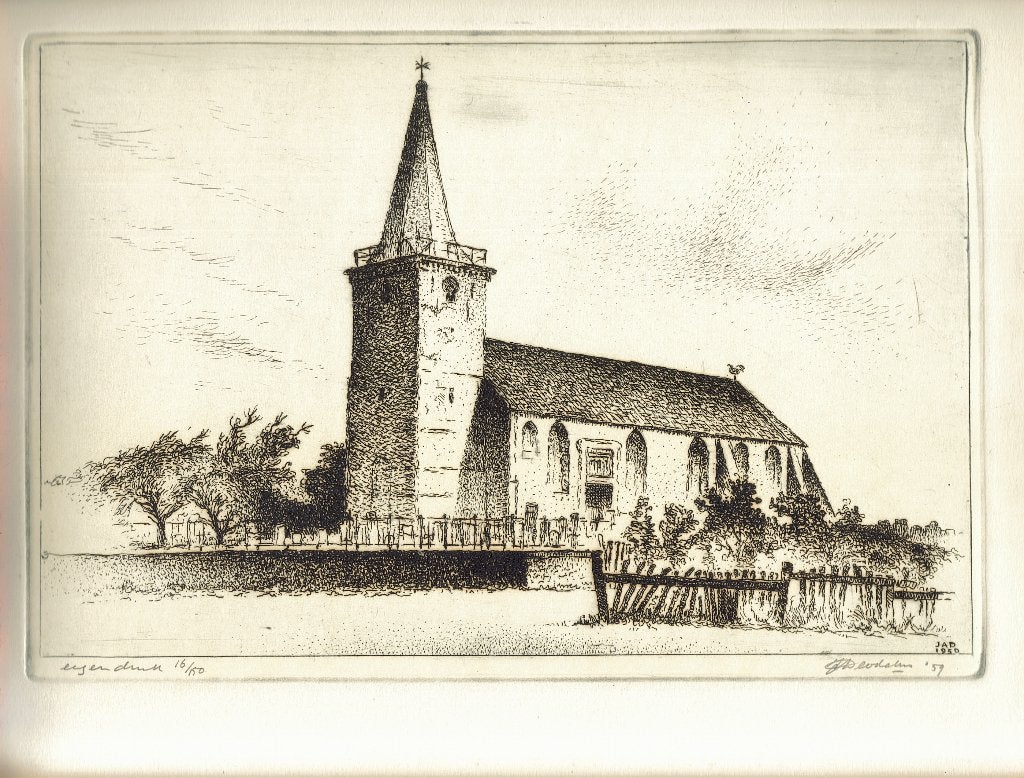 Jan Deodatus ets "Kerk te Hoorn", 1959, genummerd 16/150, Ophalen, Minder dan 50 cm, Oorspronkelijke maker, Overige typen