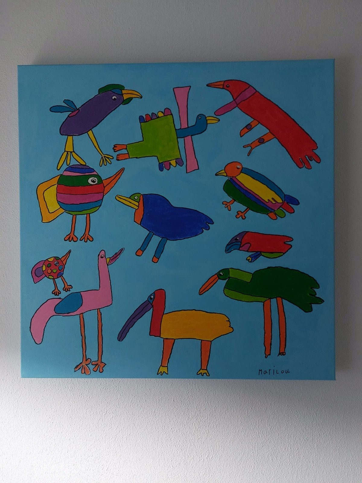Vrolijk Schilderij met Kleurrijke Vogels, Ophalen, Acrylverf, Dieren, Op houten frame
