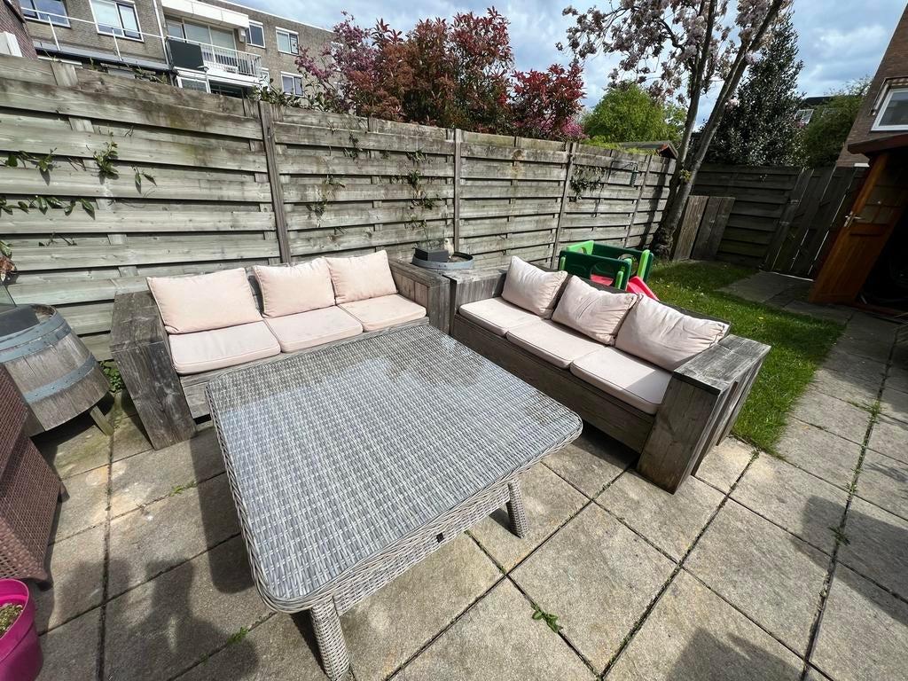 Steigerhouten tuinset/lounge set met banken, Ophalen, Gebruikt, 6 zitplaatsen, Steigerhout