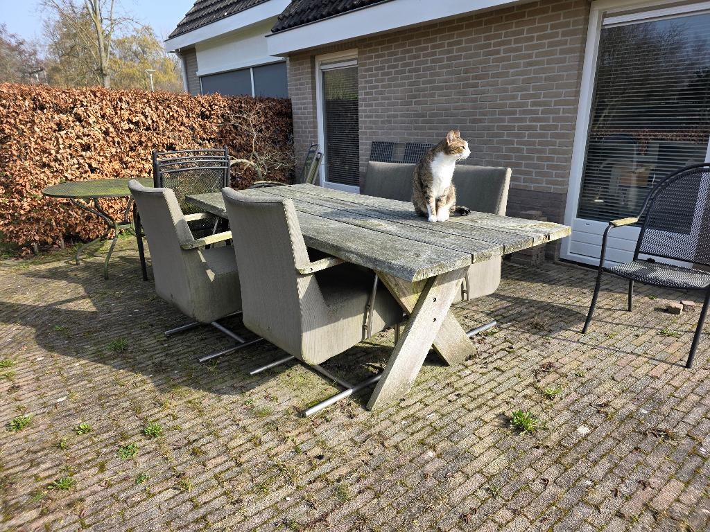 4 seasons outdoor tuinset, 4x sledestoel, 1x houten tafel, Ophalen, 4 zitplaatsen, Zo goed als nieuw, Wicker