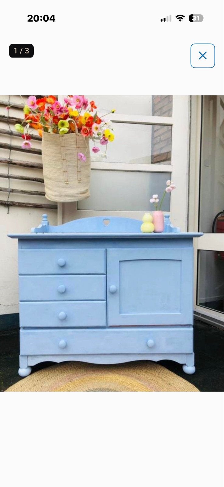 Blauwe commode met lades, deurtje en opstaande rand, Gebruikt, 50 tot 70 cm, 100 cm of meer, Opstaande rand
