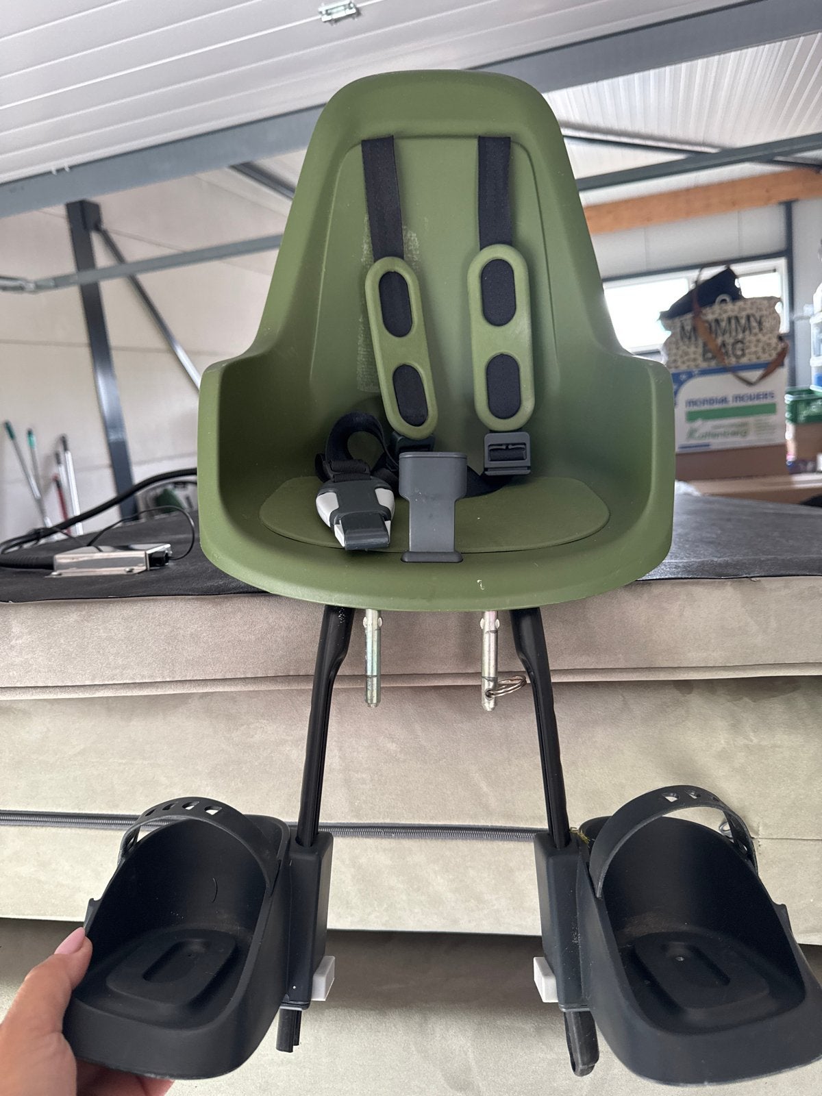 Bobike voorzitje fiets - Groen met bevestigingsstuk, Ophalen, Gebruikt, Voorzitje, Voetsteuntjes