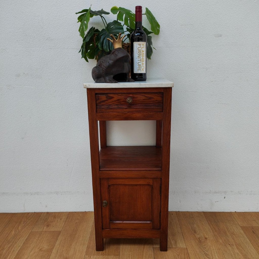 Vintage Antiek nachtkastje bijzetkastje met marmer blad 303, Valkenswaard, Gebruikt, Minder dan 45 cm, Info@flashbackfurniture.nl