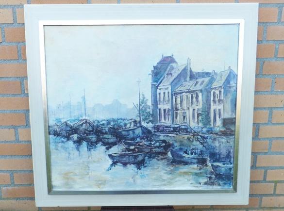 Schilderij "Havengezicht" 84 cm x 74 cm., Ophalen, Gebruikt, Oorspronkelijke maker, Schilderij